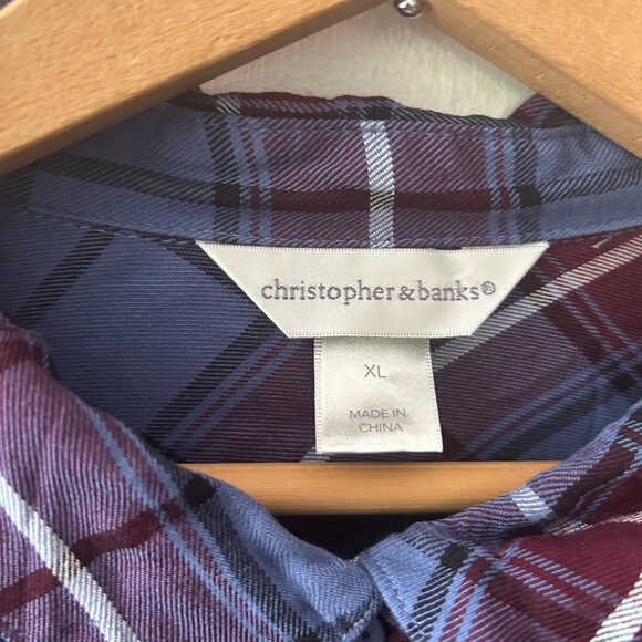 Christopher & Banks Blouse Womens XL Blue Plaid Button Front Ruffle Hem Collared - Picture 4 of 7